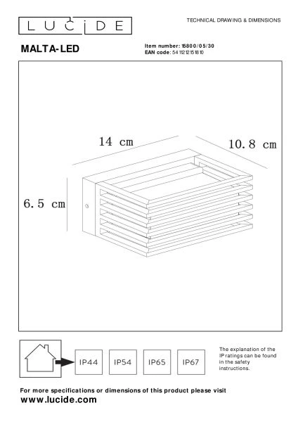 Lucide MALTA-LED - Wall light Indoor/Outdoor - LED - 1x5,4W 3000K - IP54 - Black - technical